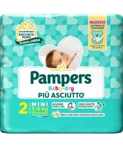 Pampers Baby Dry Pannolino Downcount Mini 24 Pezzi Taglia 2 (3-6 kg)