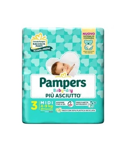 Pampers Baby Dry Pannolino Downcount Midi 20 Pezzi Taglia 3 (4-9 kg)